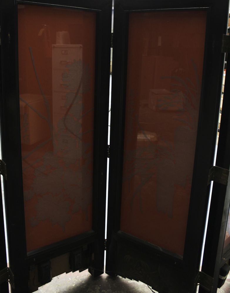 Chinese Style Painted Silk and Glass Lighted Folding Screen