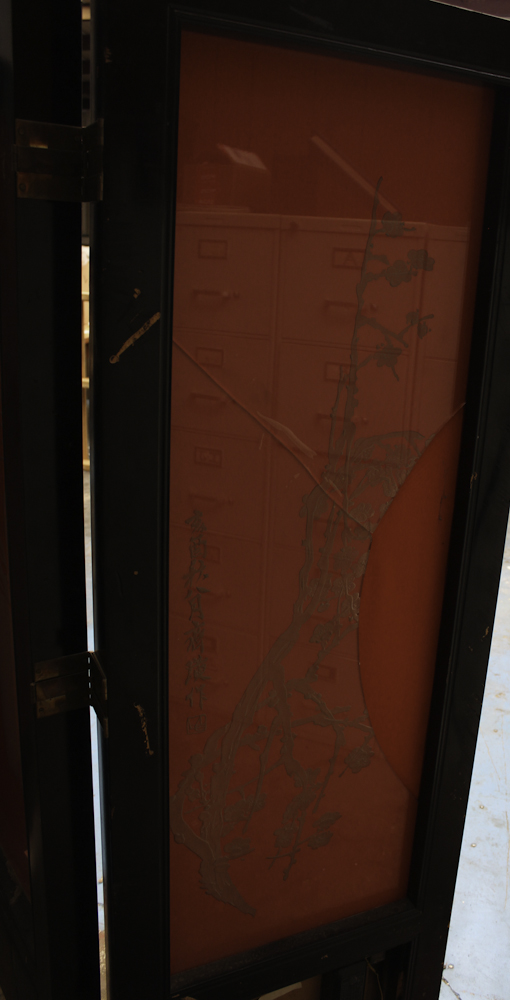 Chinese Style Painted Silk and Glass Lighted Folding Screen