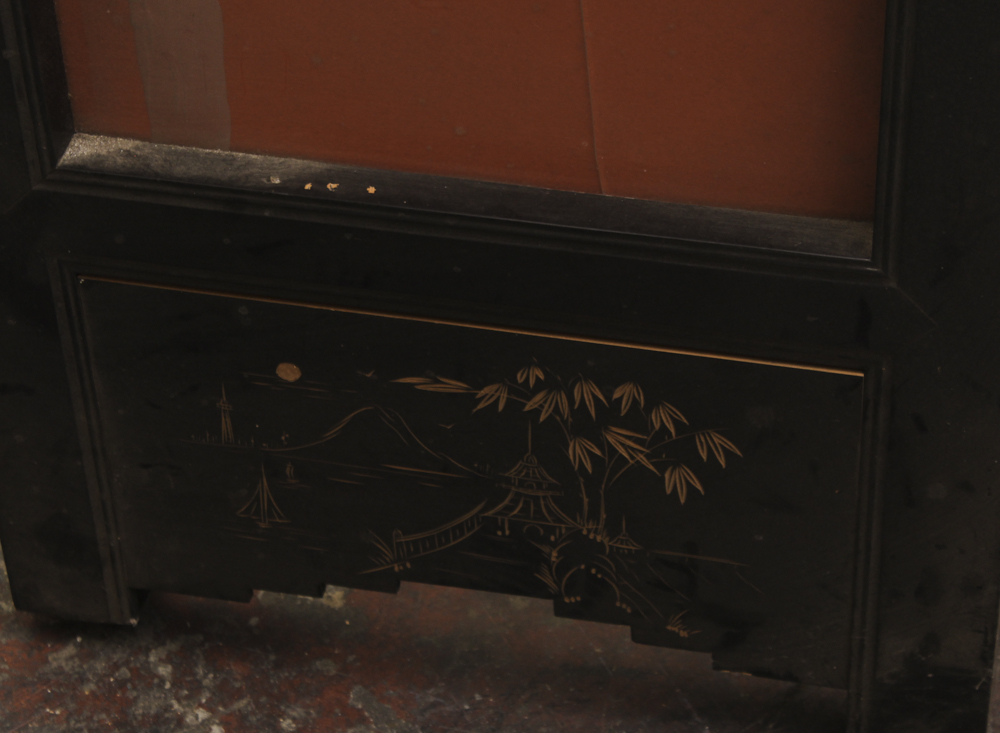 Chinese Style Painted Silk and Glass Lighted Folding Screen