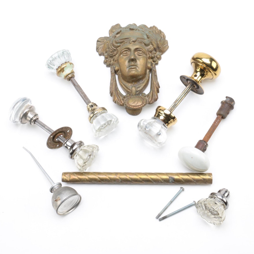 Collection of Door Knobs, Figural Door Knocker and Small Oil Can