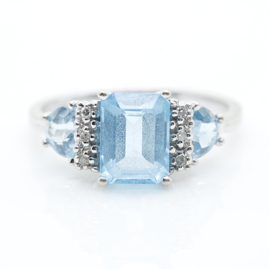 10K White Gold Blue Topaz and Diamond Ring