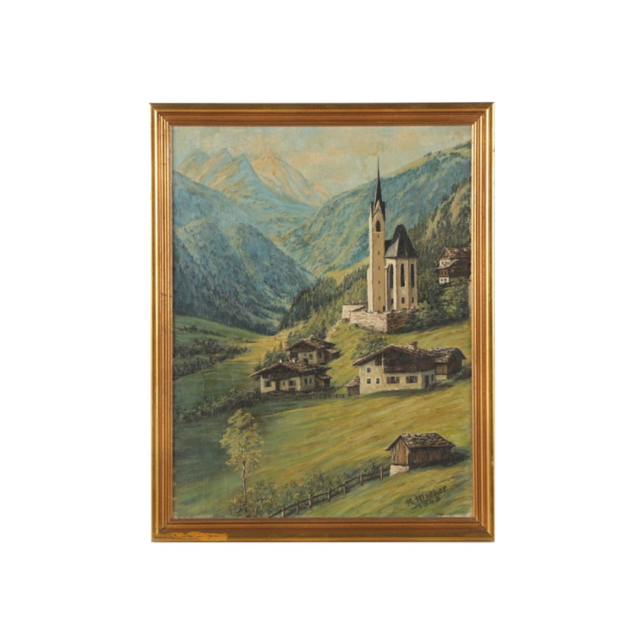 R. Marker Oil Painting of Mountain Village