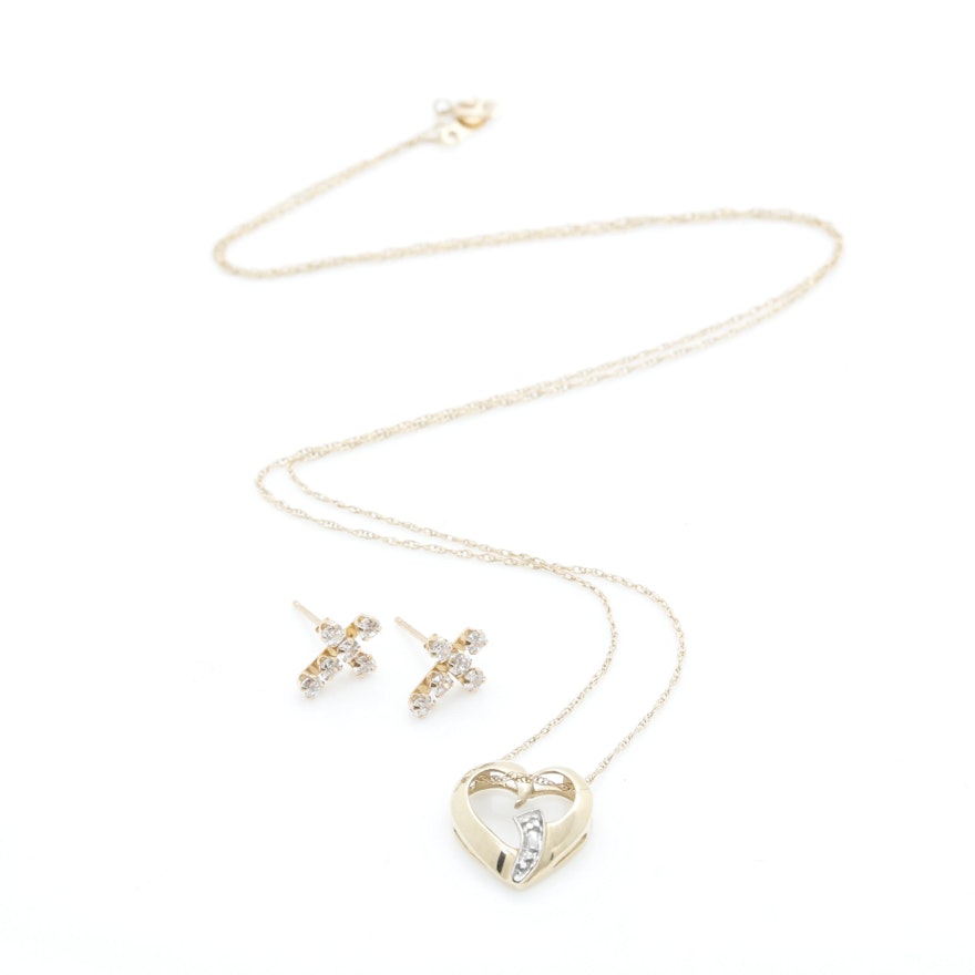 10K Yellow Gold Diamond Necklace and Cubic Zirconia Earrings