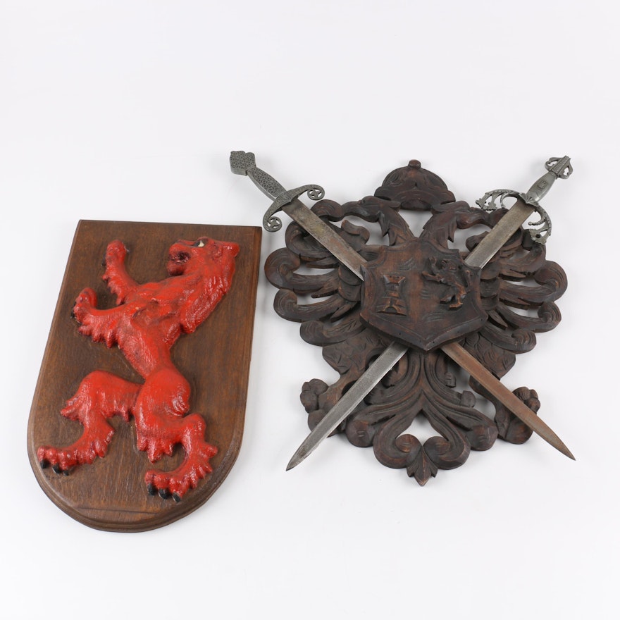Vintage Carved Wood Heraldic Plaques Featuring "The Rampant Lion"