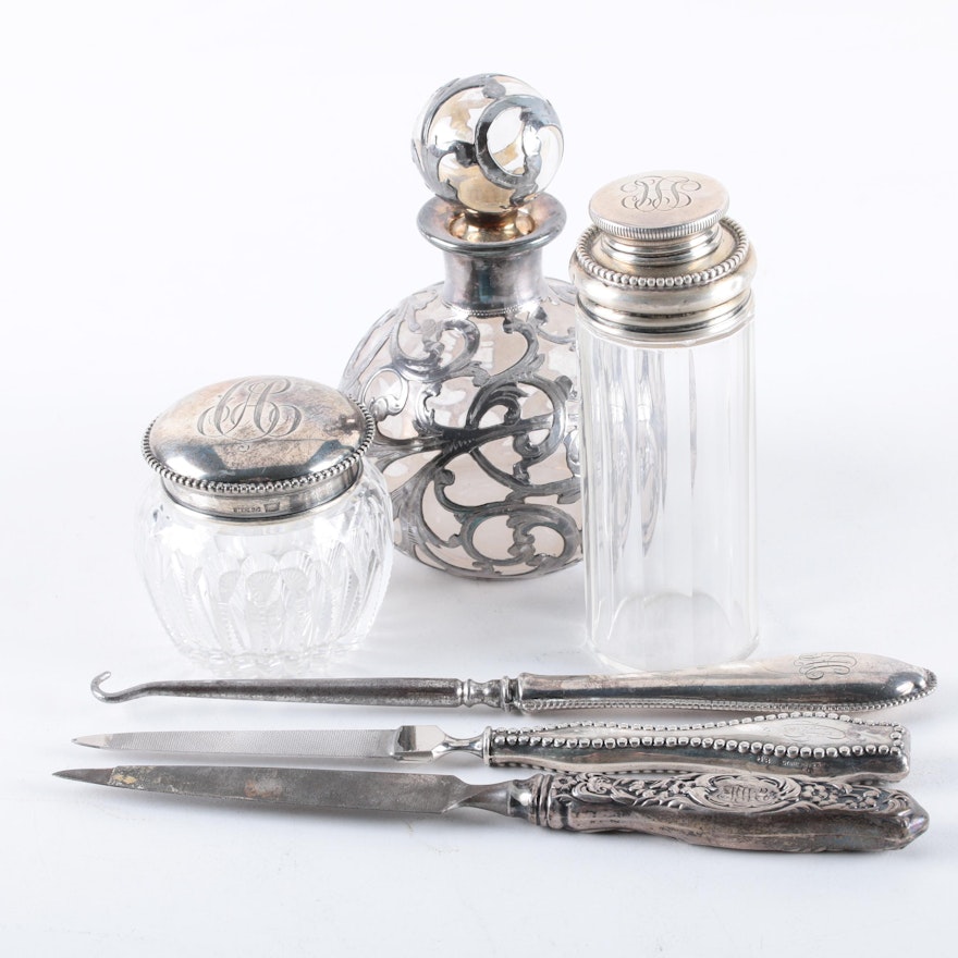 Alvin Sterling Overlay Perfume Bottle and Other Sterling Vanity Accessories