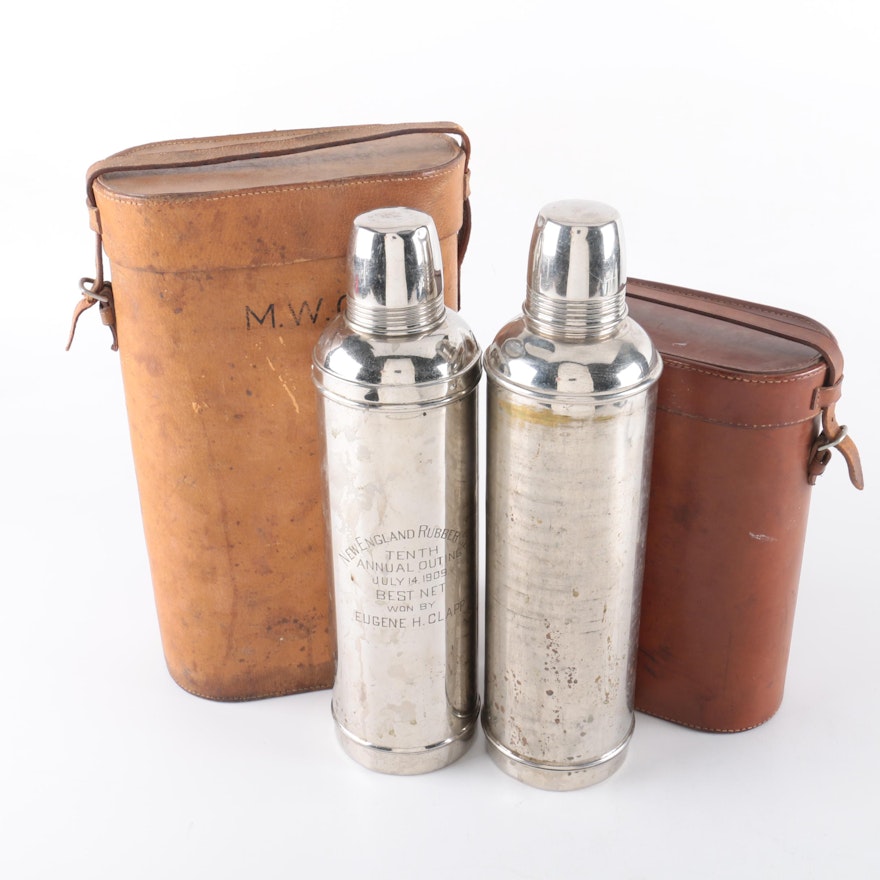 Early 20th Century Silver Plate Thermos with Leather Travelling Cases