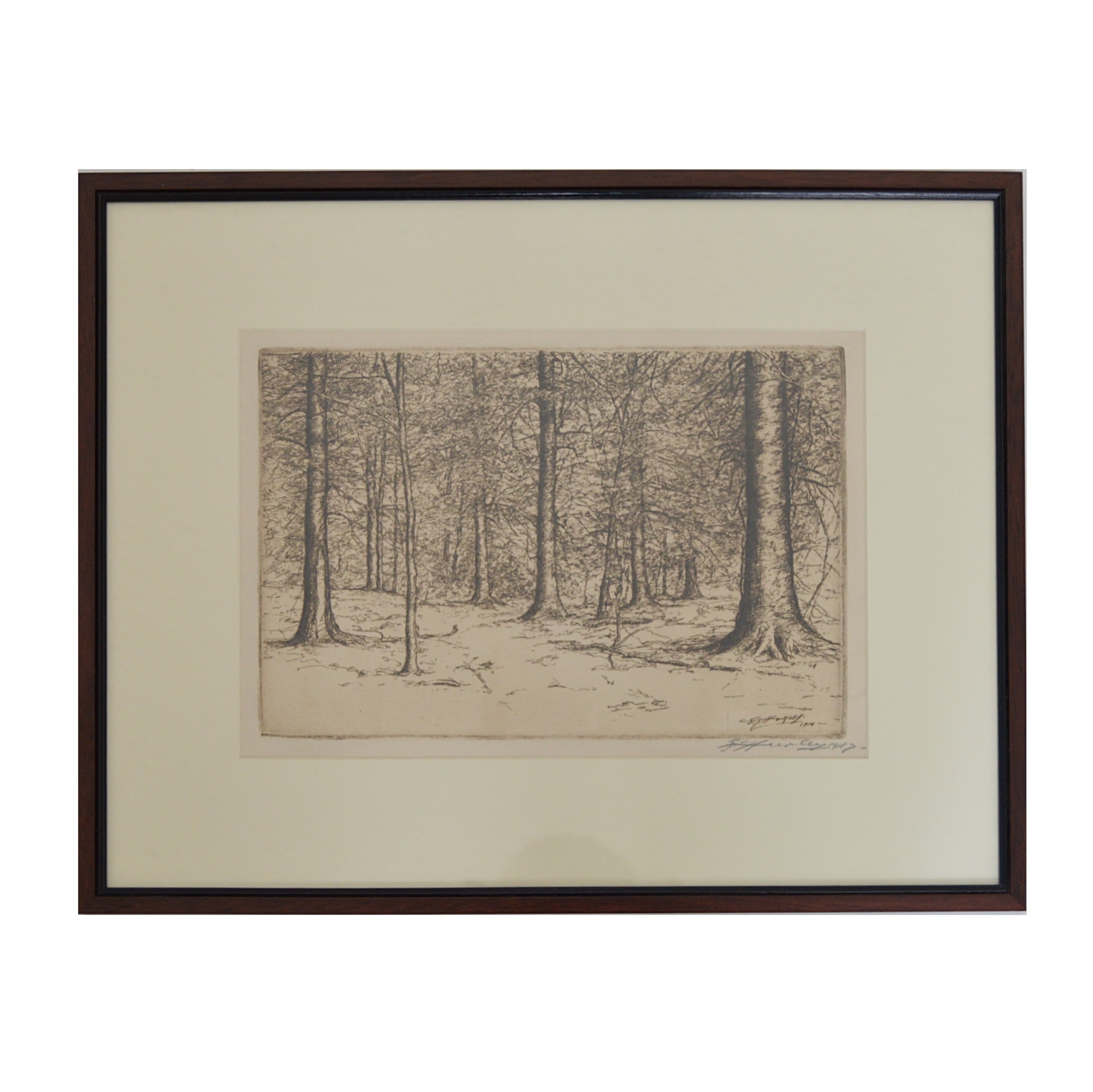 E.T. Hurley 1916 Signed Etching of Trees in a Forest