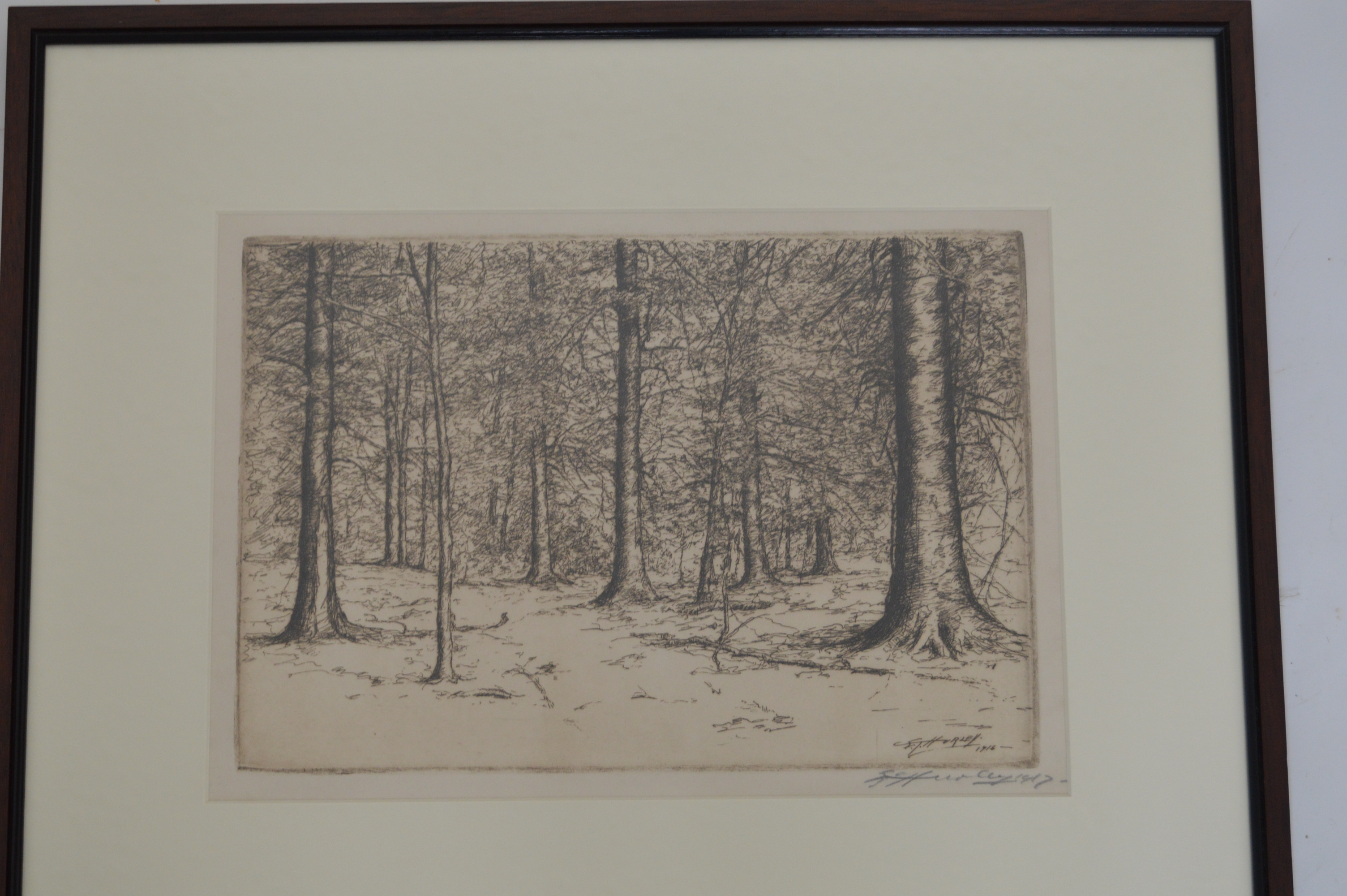 E.T. Hurley 1916 Signed Etching of Trees in a Forest