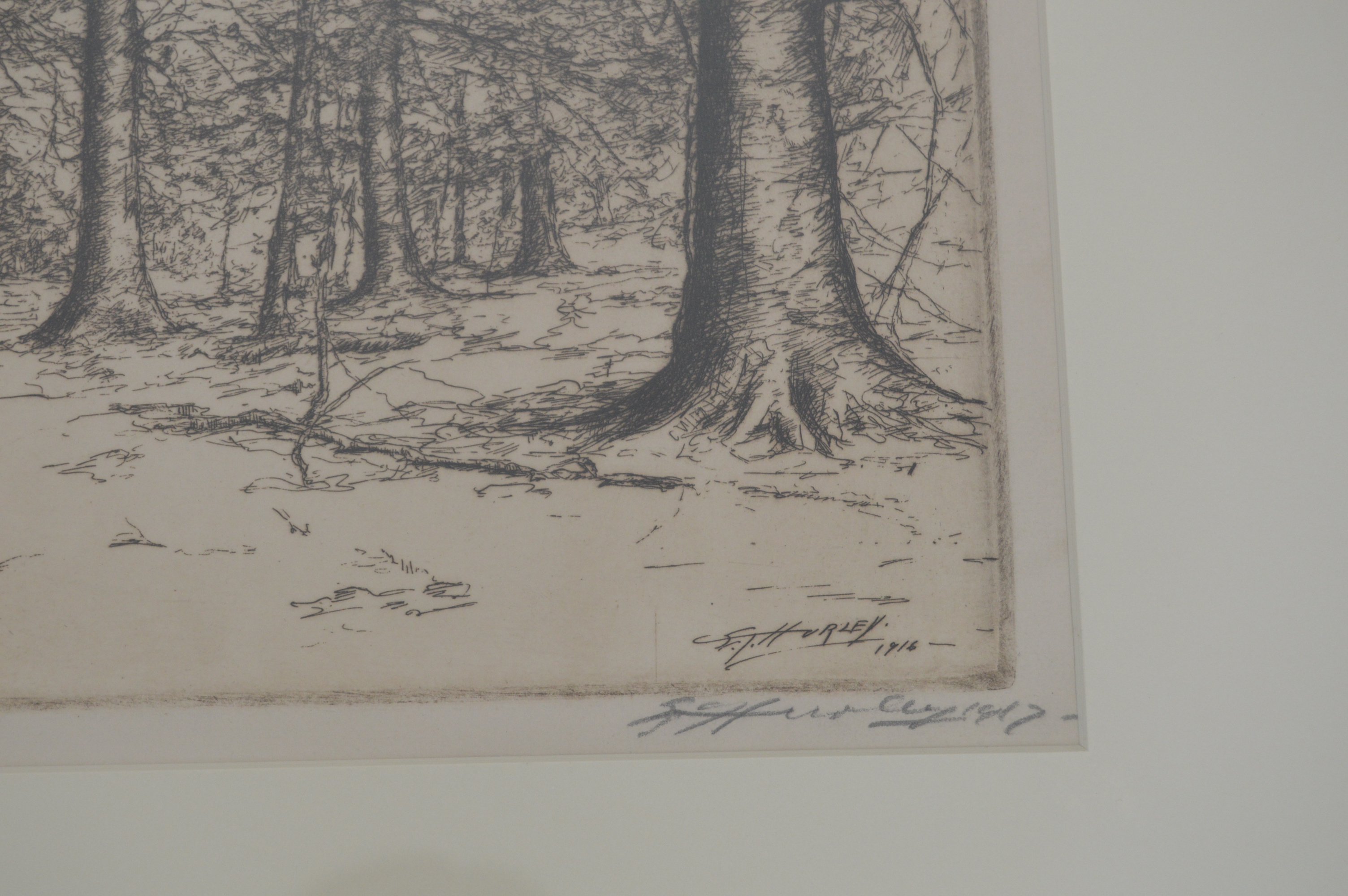 E.T. Hurley 1916 Signed Etching of Trees in a Forest