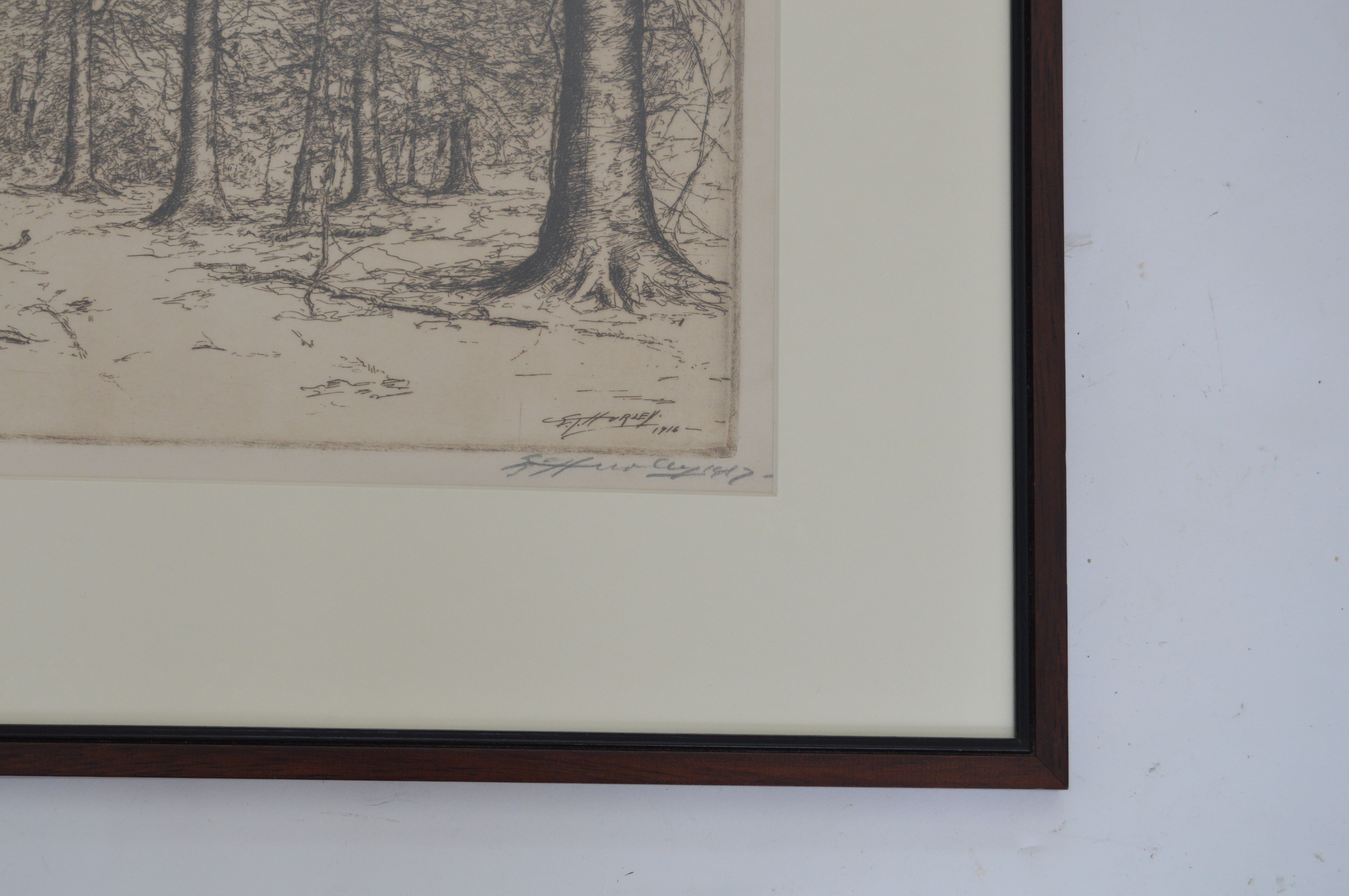 E.T. Hurley 1916 Signed Etching of Trees in a Forest