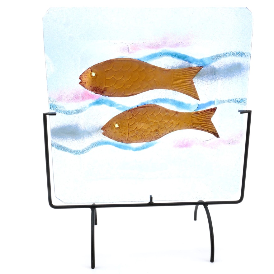 Fish Motif Decorative Glass Panel with Stand