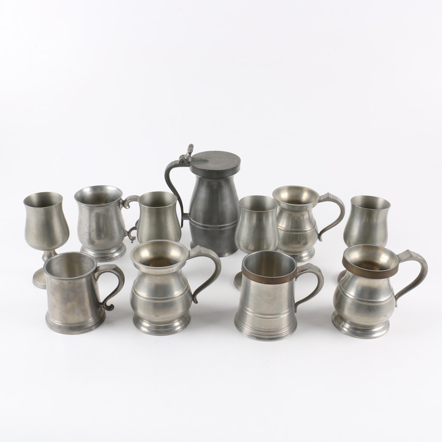 Hand Turned James Yates Pewter Mugs and Assorted Pewter Cups and Mugs
