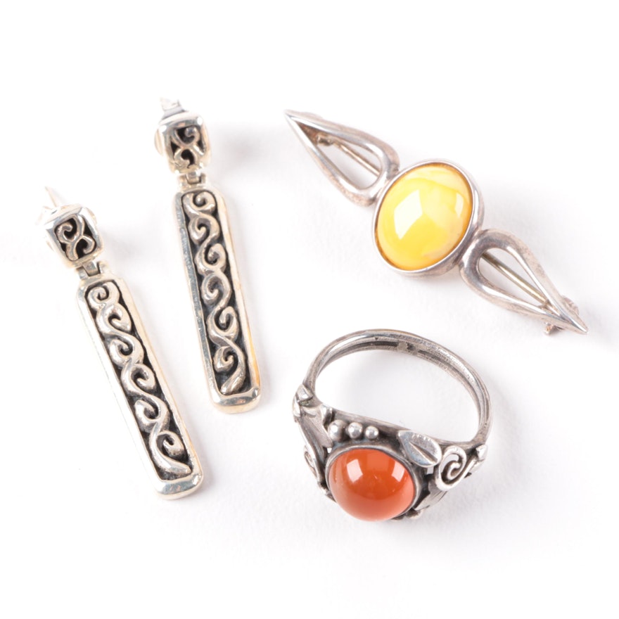 Assorted Sterling Silver Carnelian and Resin Ring, Earrings and Brooch