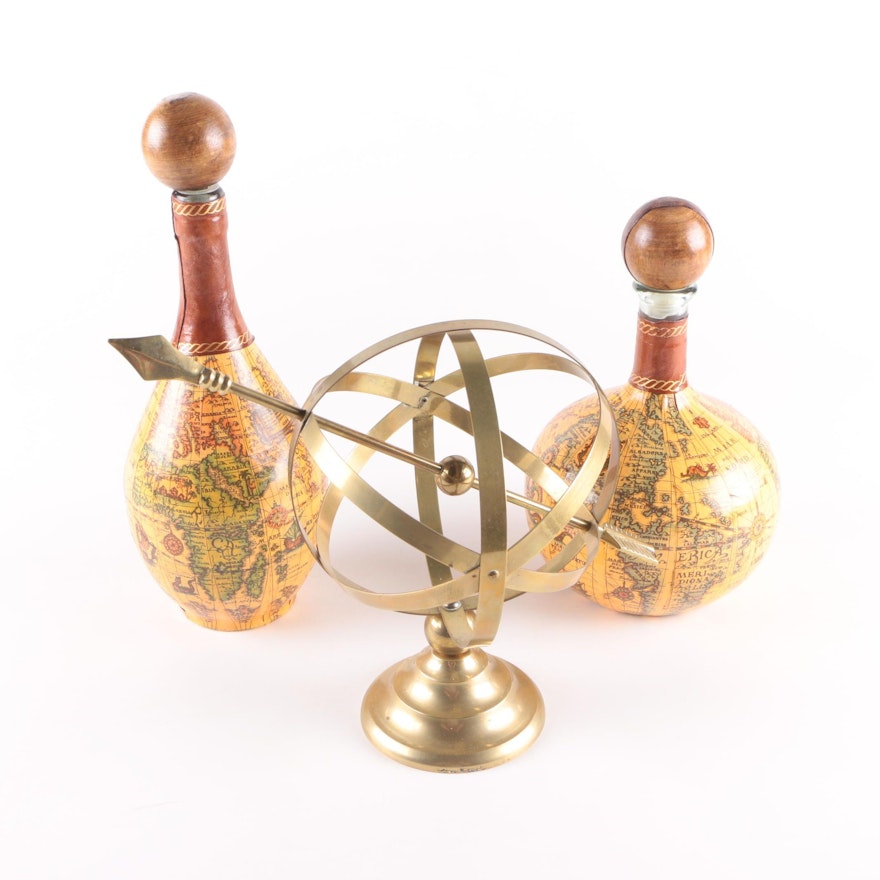 Brass Armillary and Glass Map Bottles