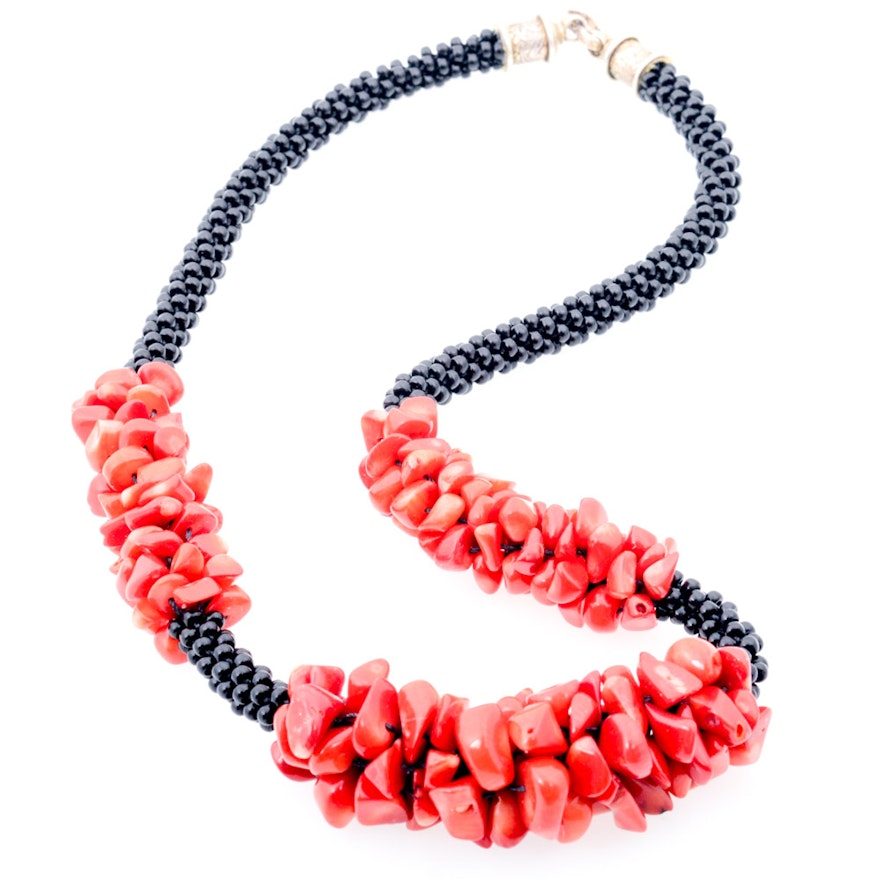 Sterling Silver Clasped Onyx and Dyed Coral Necklace