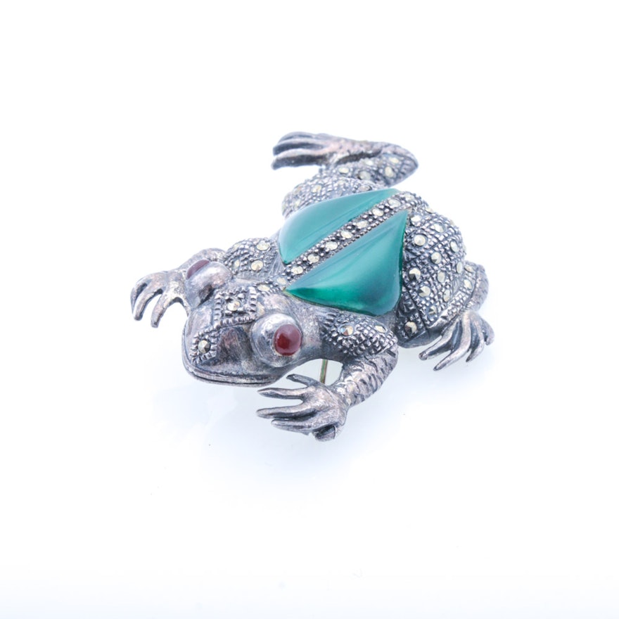 Vintage Sterling Silver Glass and Marcasite Frog Brooch