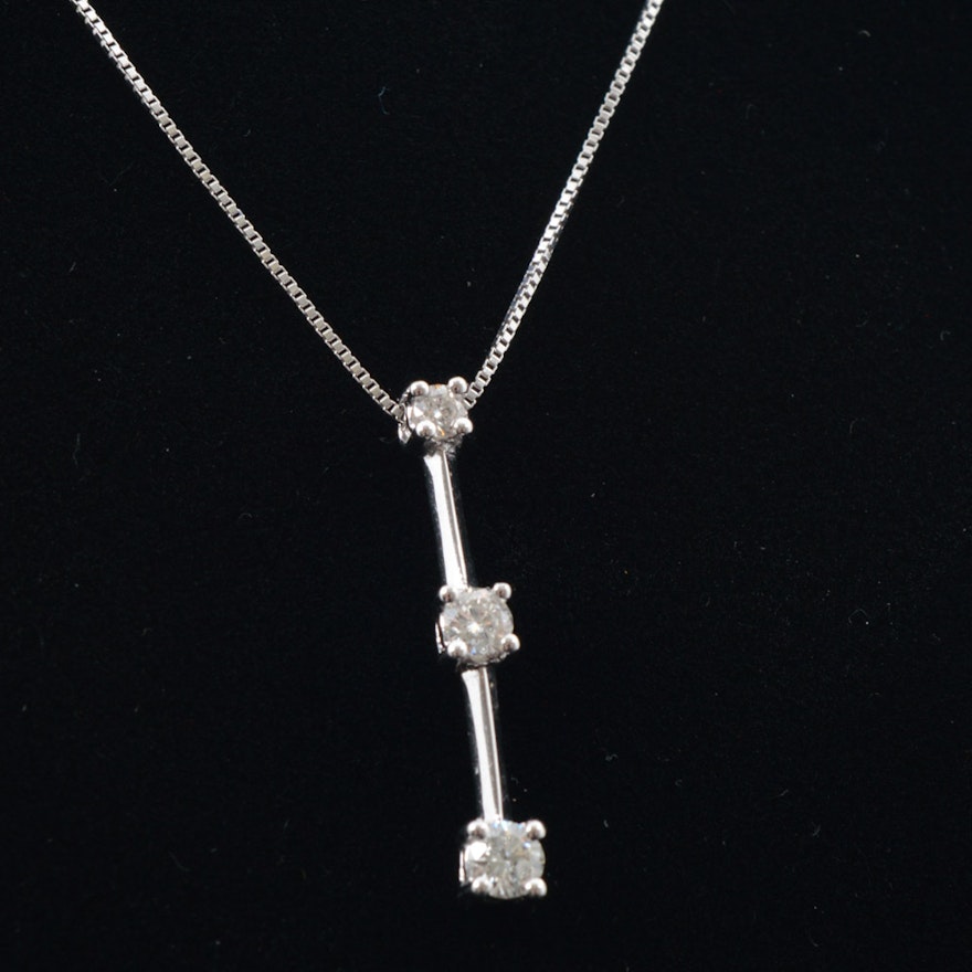 14K White Gold Linear Diamond Drop Pendant Necklace