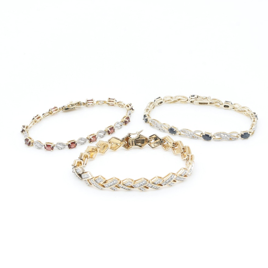 Gold Wash on Sterling Silver Sapphire, Garnet, and Diamond Bracelets