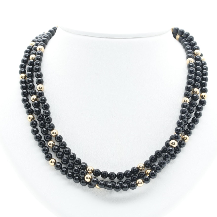 14K Yellow Gold Black Onyx Beaded Necklace