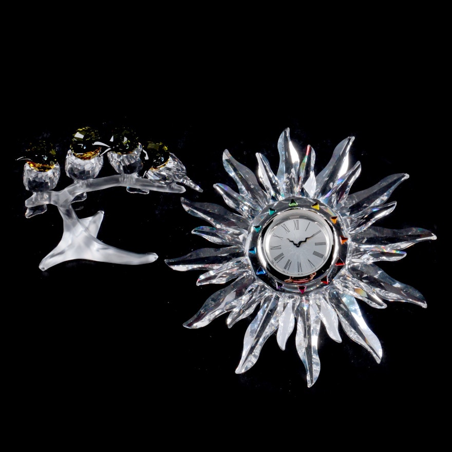Swarovski Crystal "Solaris" Table Clock and "Bee Eaters" Figurine