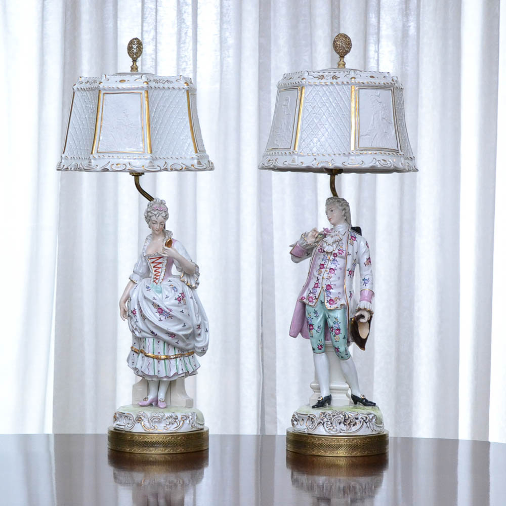Pair of Vintage Colbert French Rococo Porcelain Table Lamps