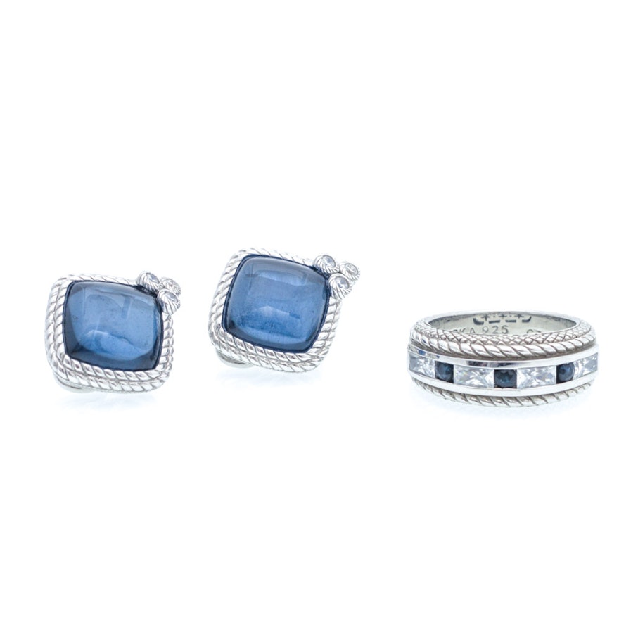 Judith Ripka Sterling Silver and Synthetic Sapphire Clip Earrings and Ring