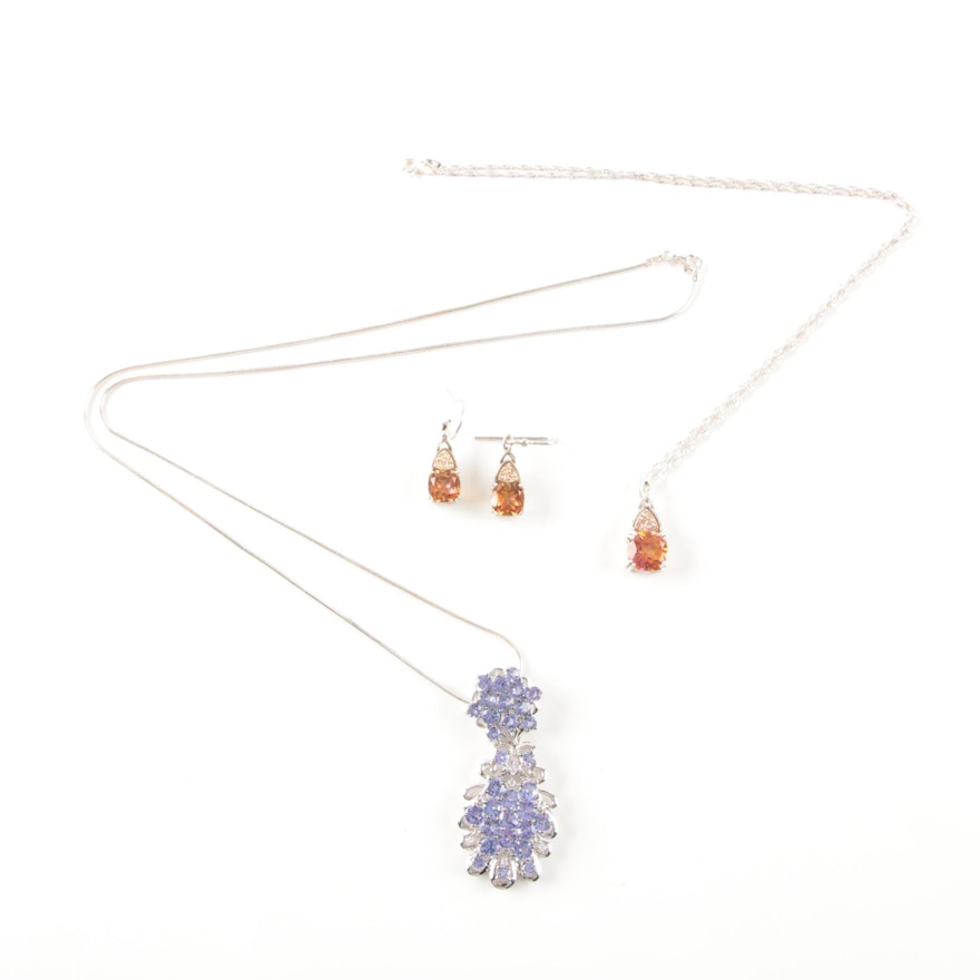 Sterling Silver and Gemstone Necklaces and Pair of Earrings