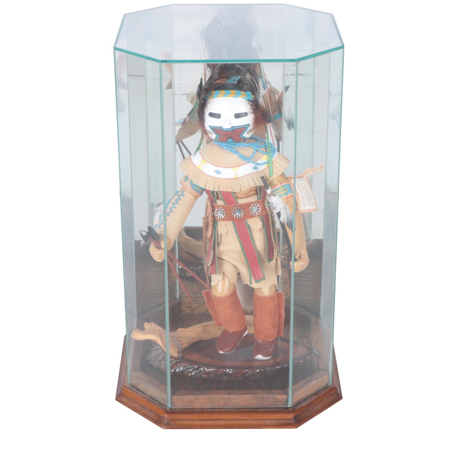 Hopi Pueblo Style "Konin" Kachina Doll in Glass Display Case