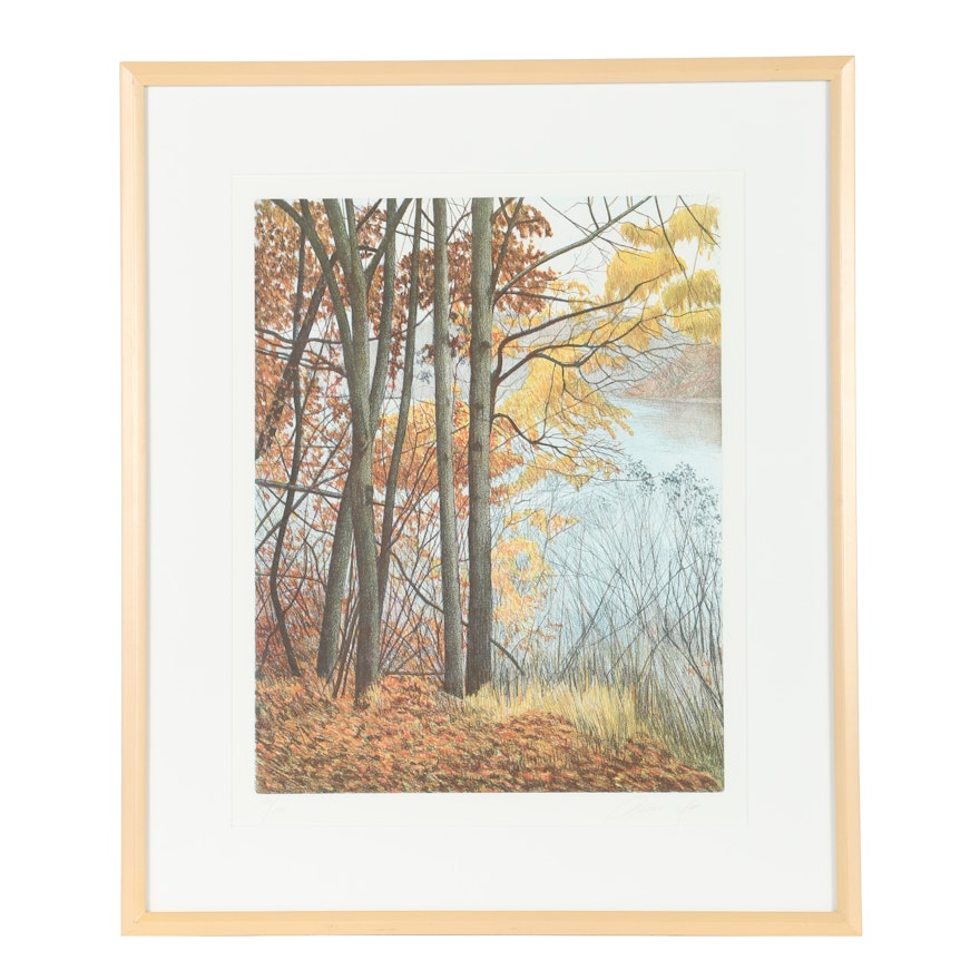 Oliviero Masi Limited Edition Etching of Lakeside Trees in Autumn