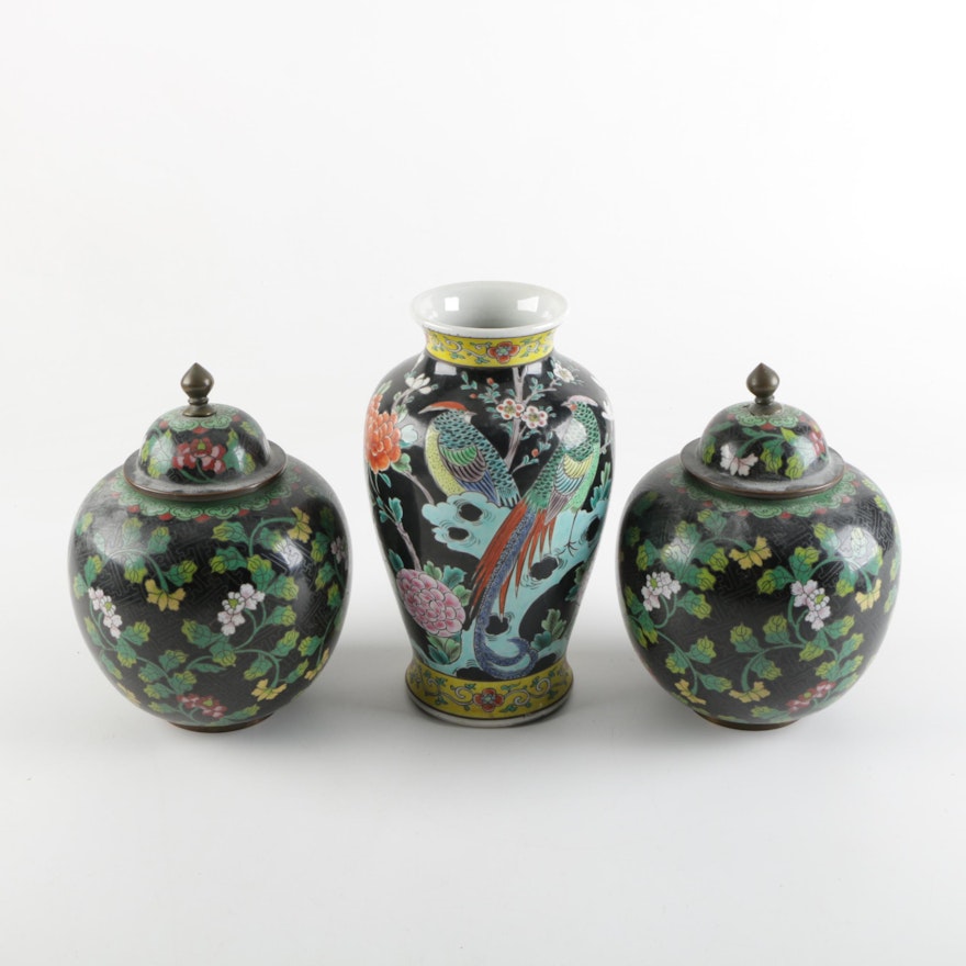 Chinese Cloisonné and Porcelain Assembled Garniture