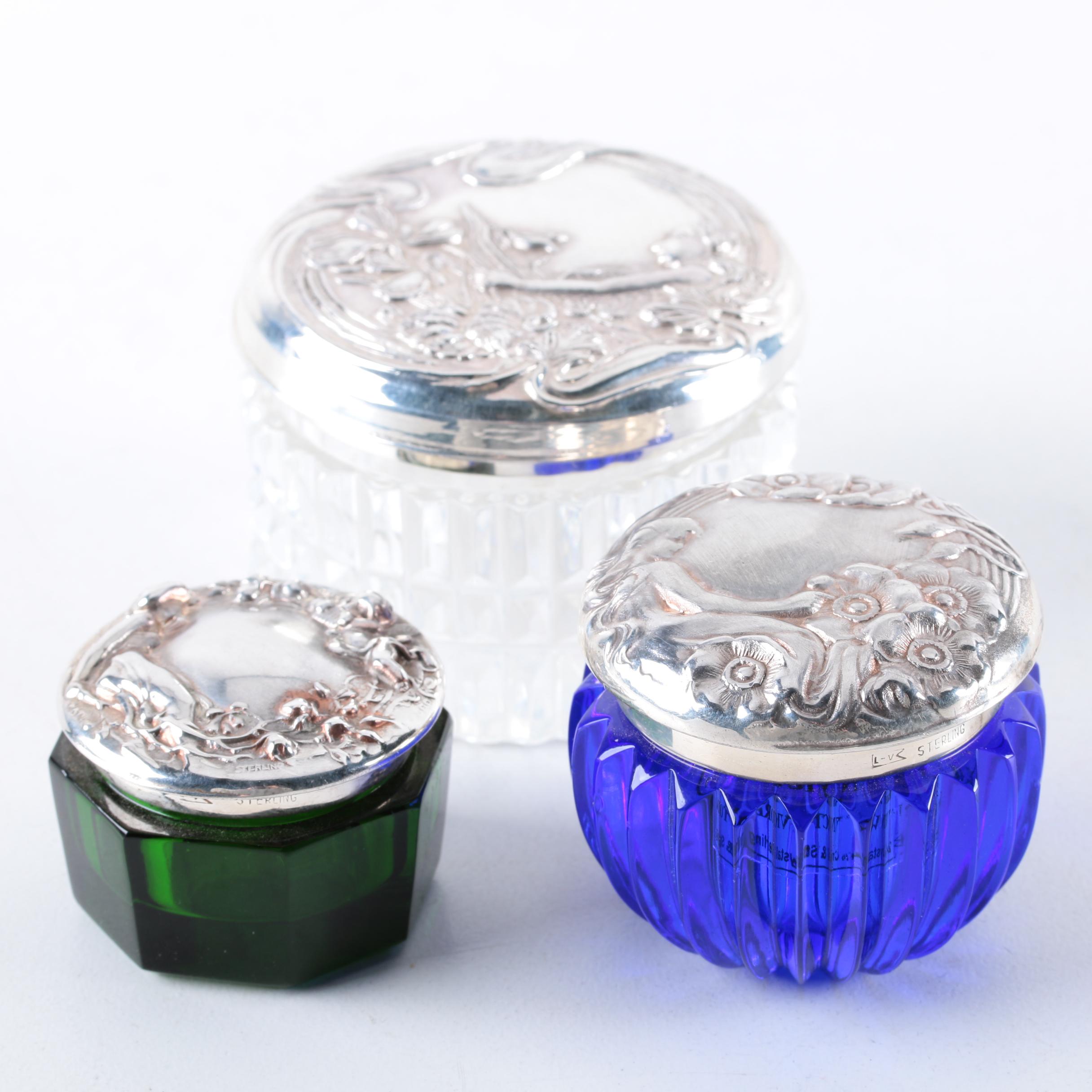 Collection of Crystal and Glass Vanity Jars with Sterling Silver Lids