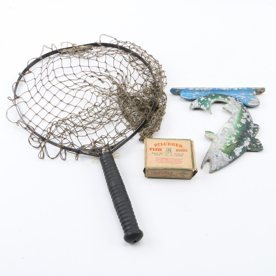 Fishing Hand Net, Hooks and Fish Decor