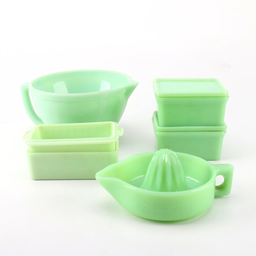 McKee Jadeite Lidded Refrigerator Bowls with Sunkist Juicer and More