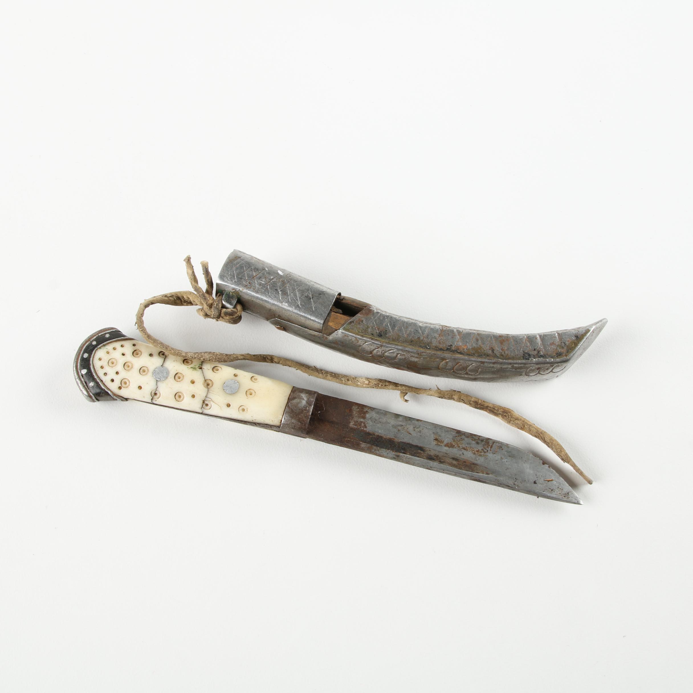 Vintage Tibetan Bone Handle Knife with Sheath