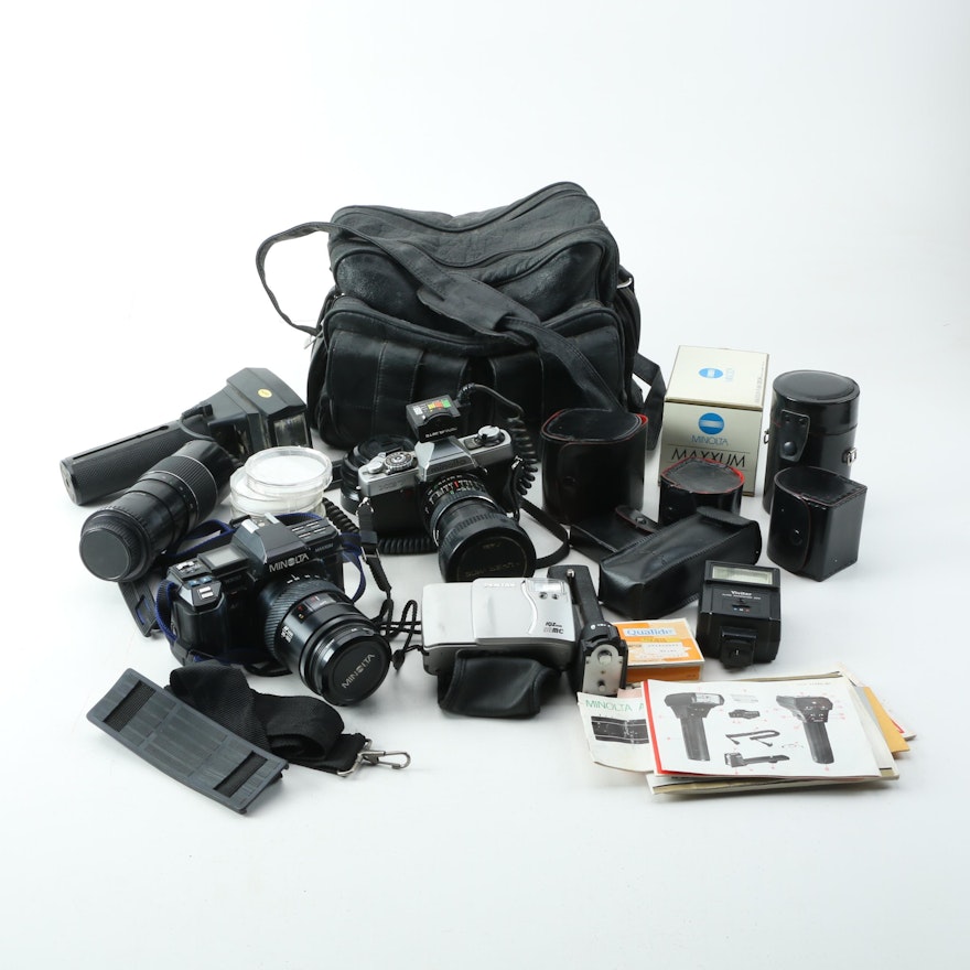 Vintage Minolta 35mm SLR Cameras with Accessories