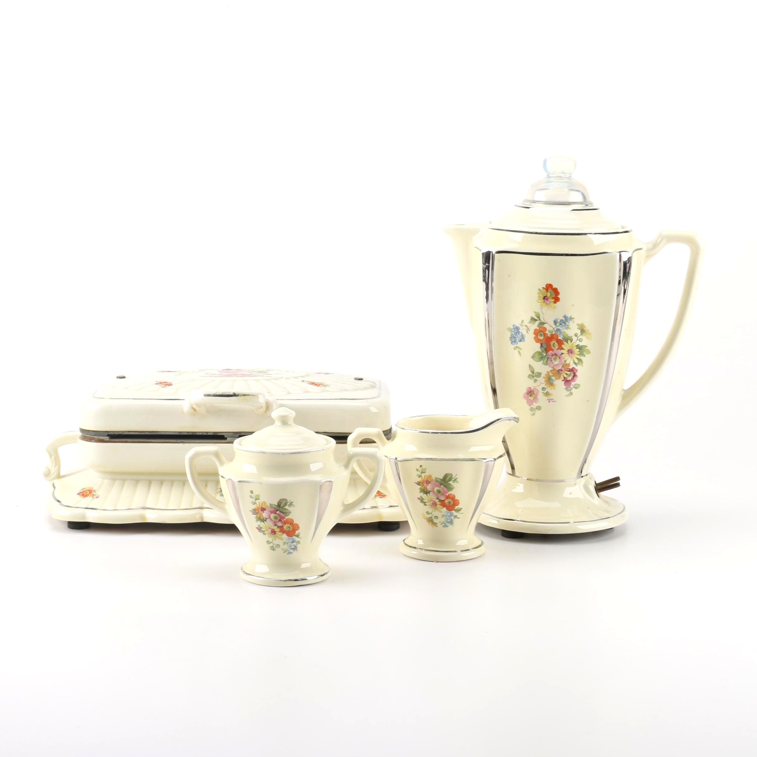 Porcelier "Field Flowers" Griddle and Percolator with Matching Creamer and Sugar