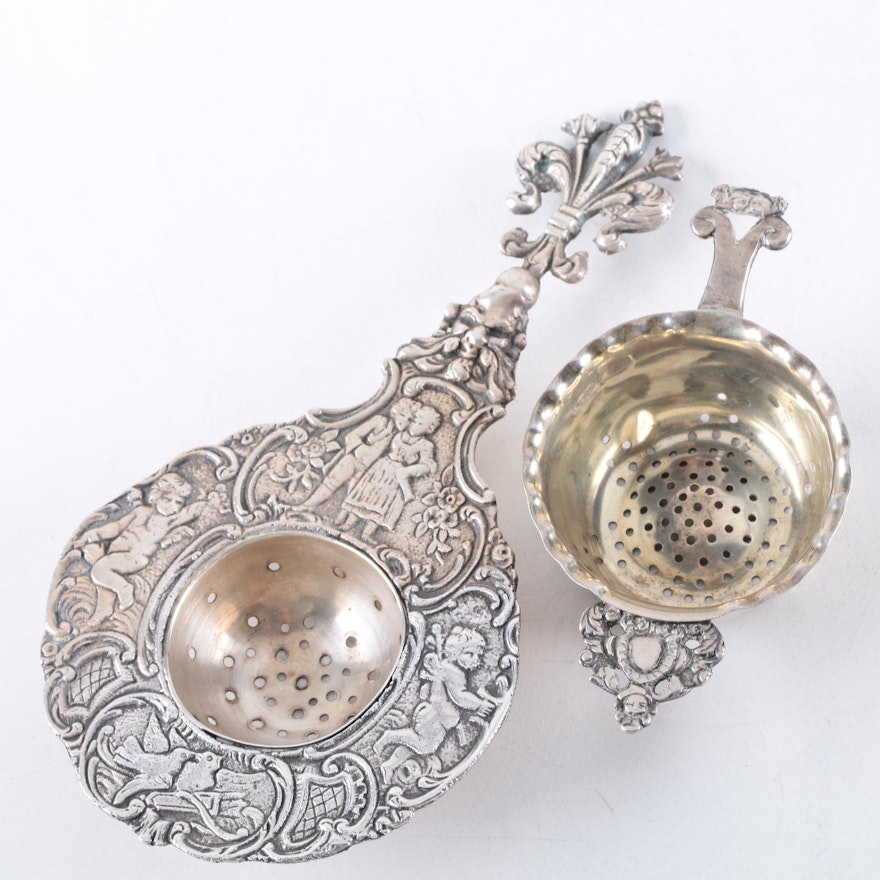 Imported Hanau Sterling Silver Tea Strainer and Italian Silver Plate Strainer