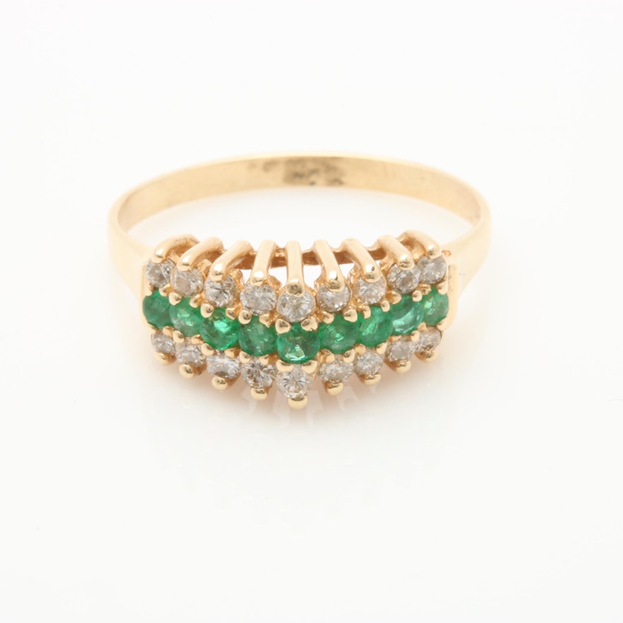 14K Yellow Gold Emerald and Diamond Ring