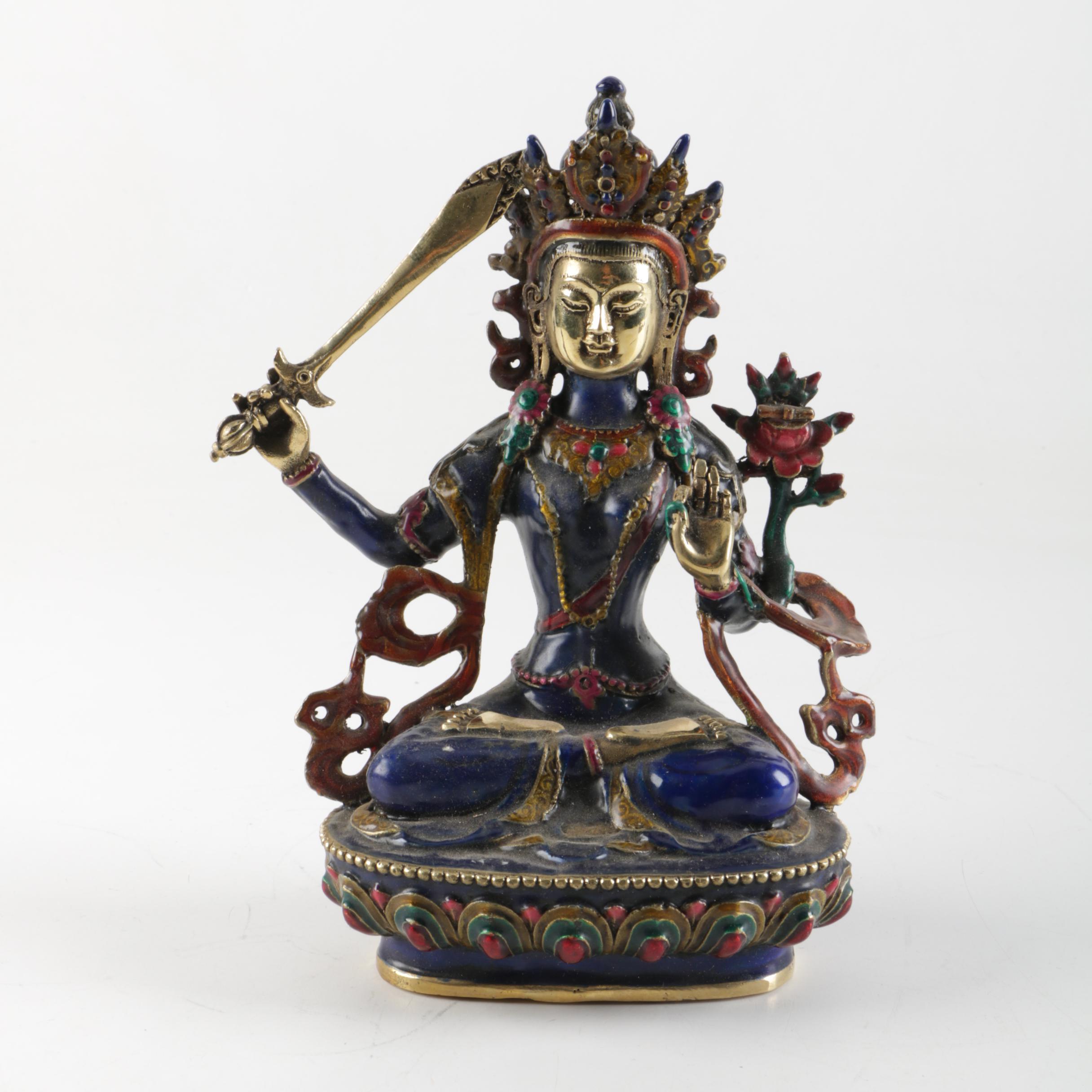 Tibetan Brass and Enamel Manjushri Figurine
