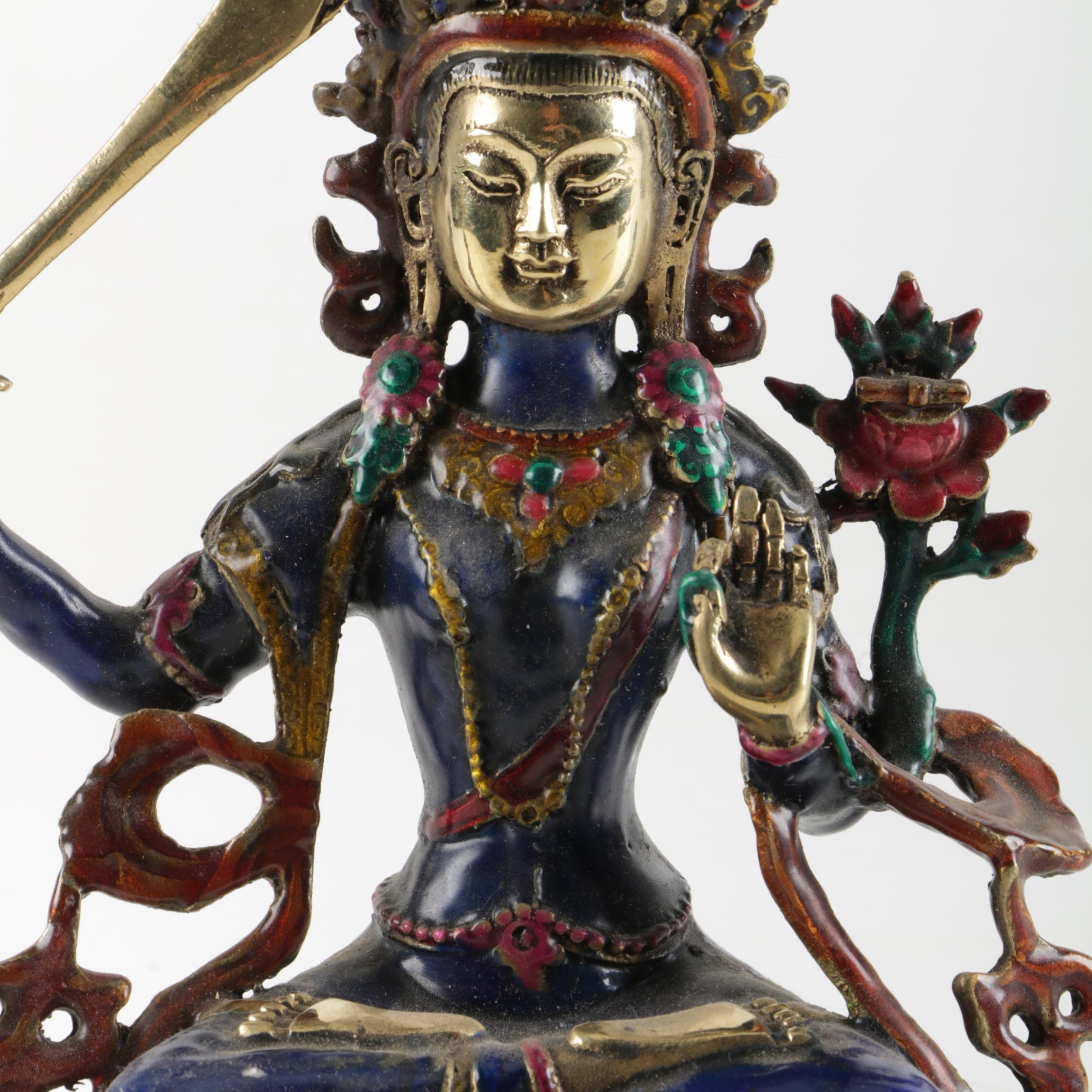 Tibetan Brass and Enamel Manjushri Figurine