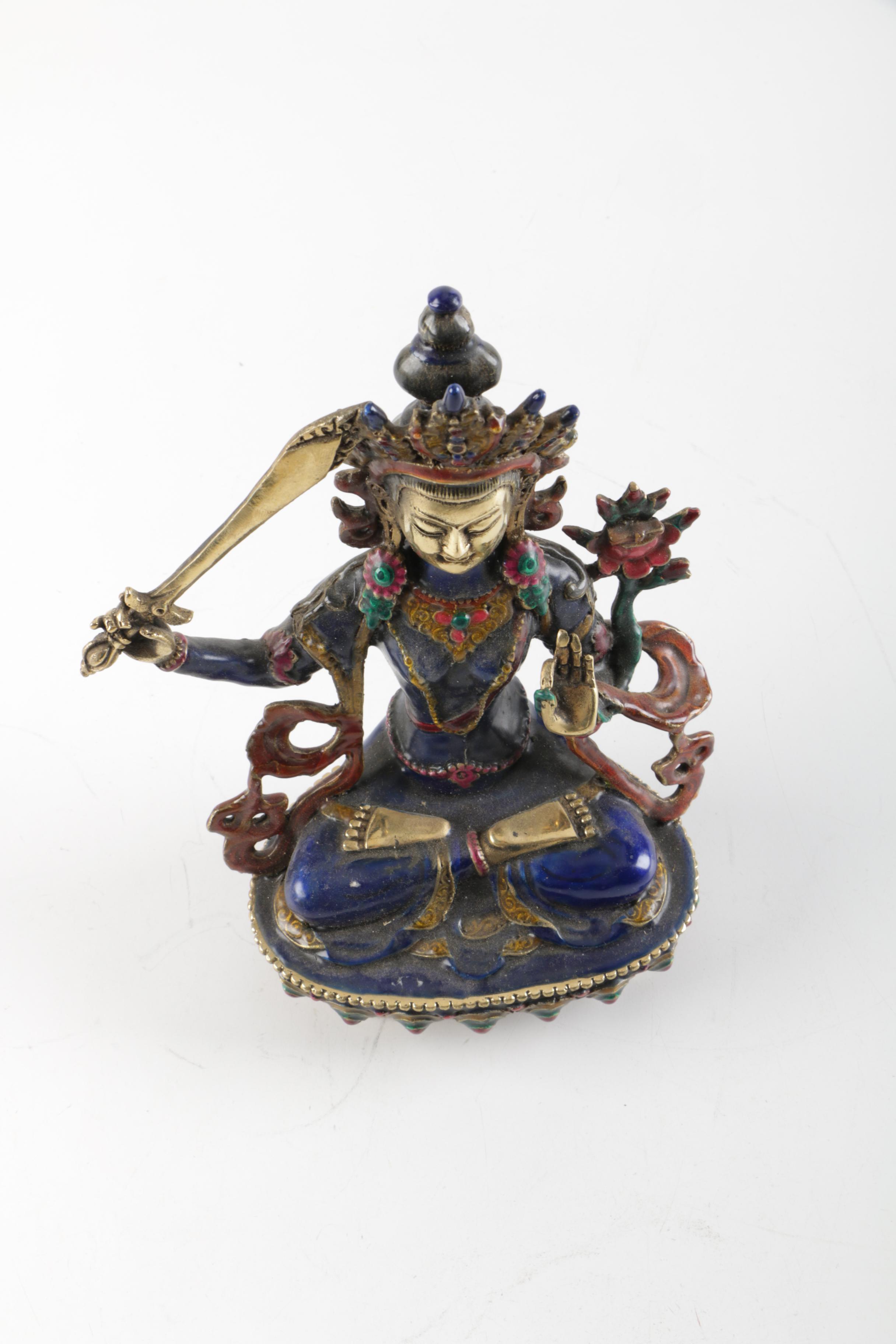 Tibetan Brass and Enamel Manjushri Figurine