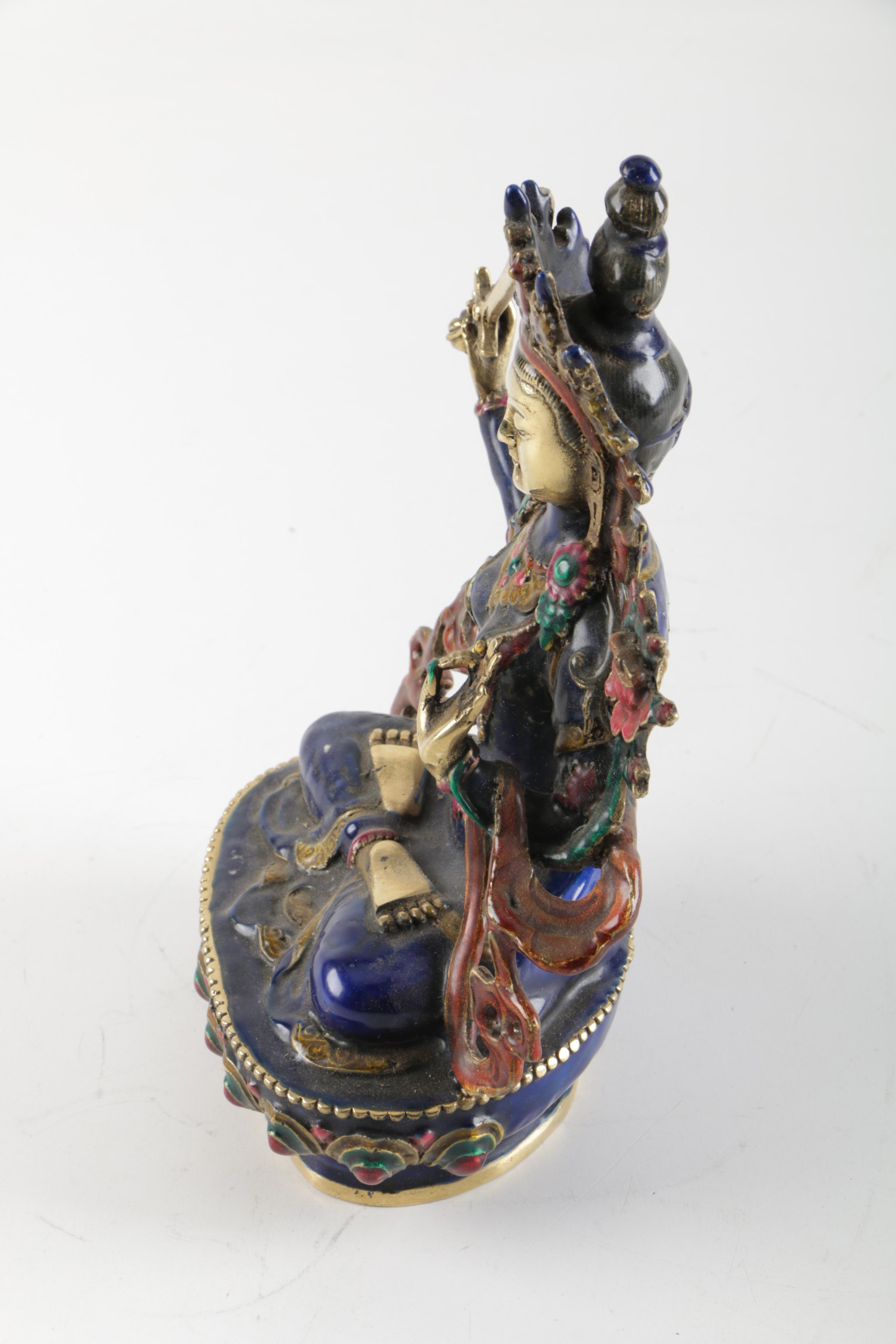 Tibetan Brass and Enamel Manjushri Figurine