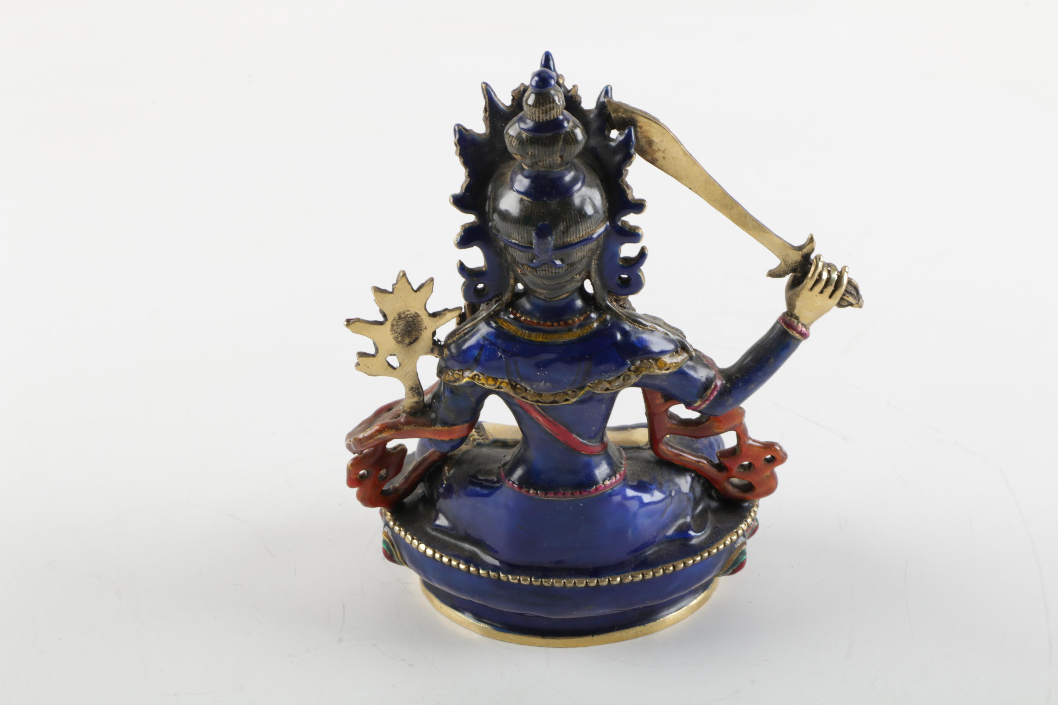 Tibetan Brass and Enamel Manjushri Figurine