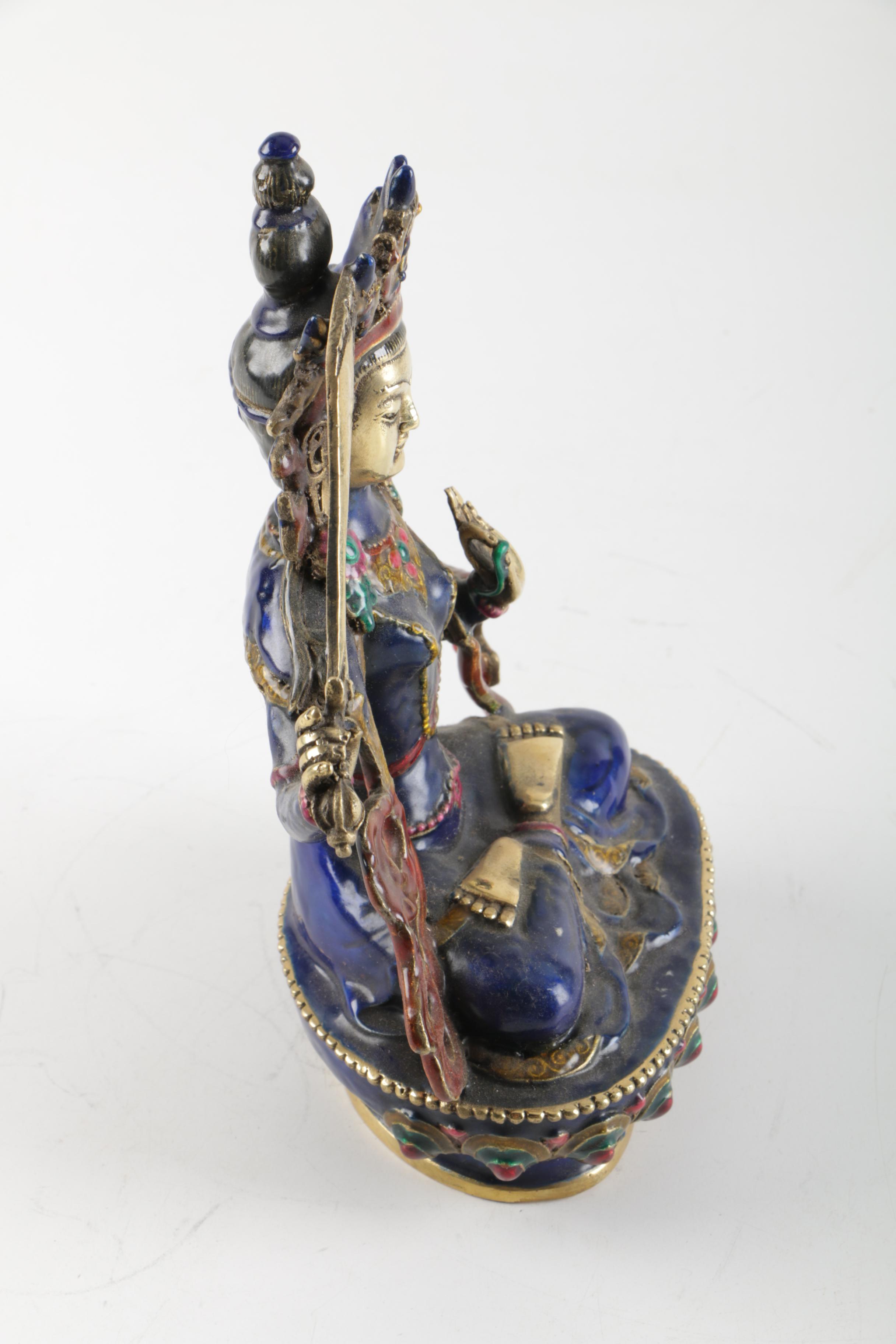 Tibetan Brass and Enamel Manjushri Figurine