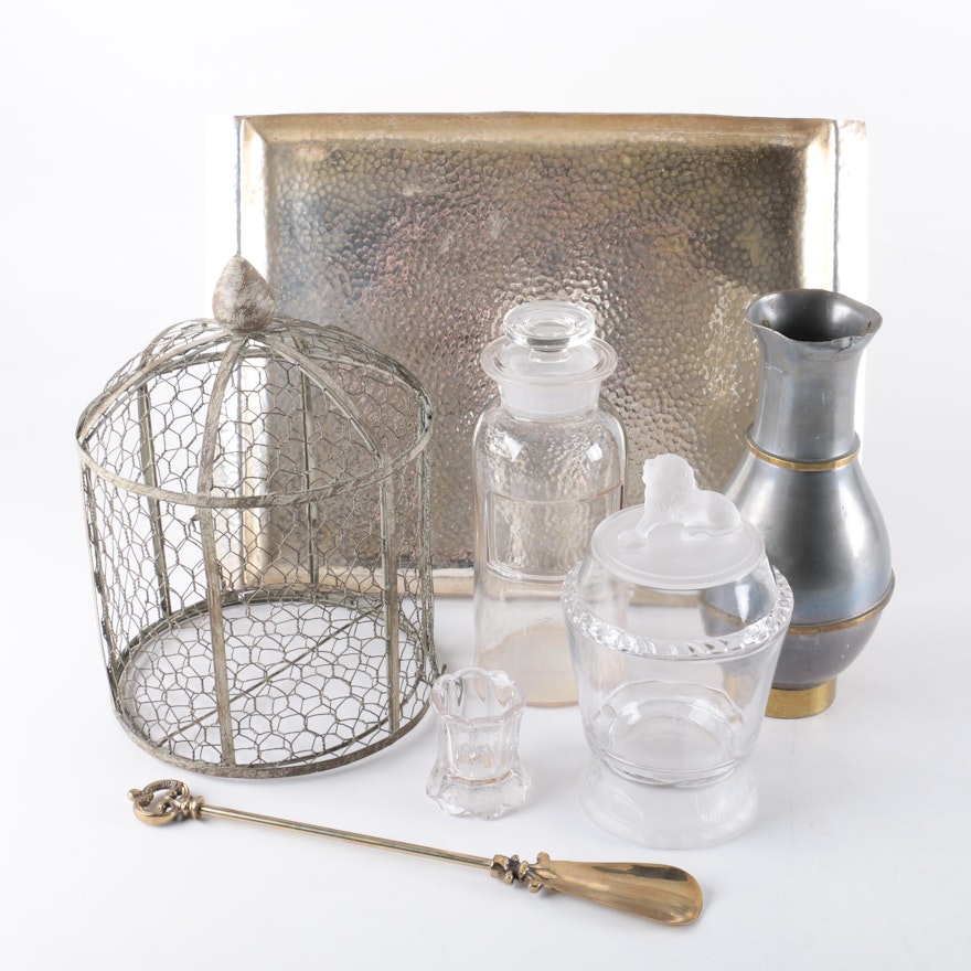 Metal Tray with Glass Canisters and Wire Garden Cloche