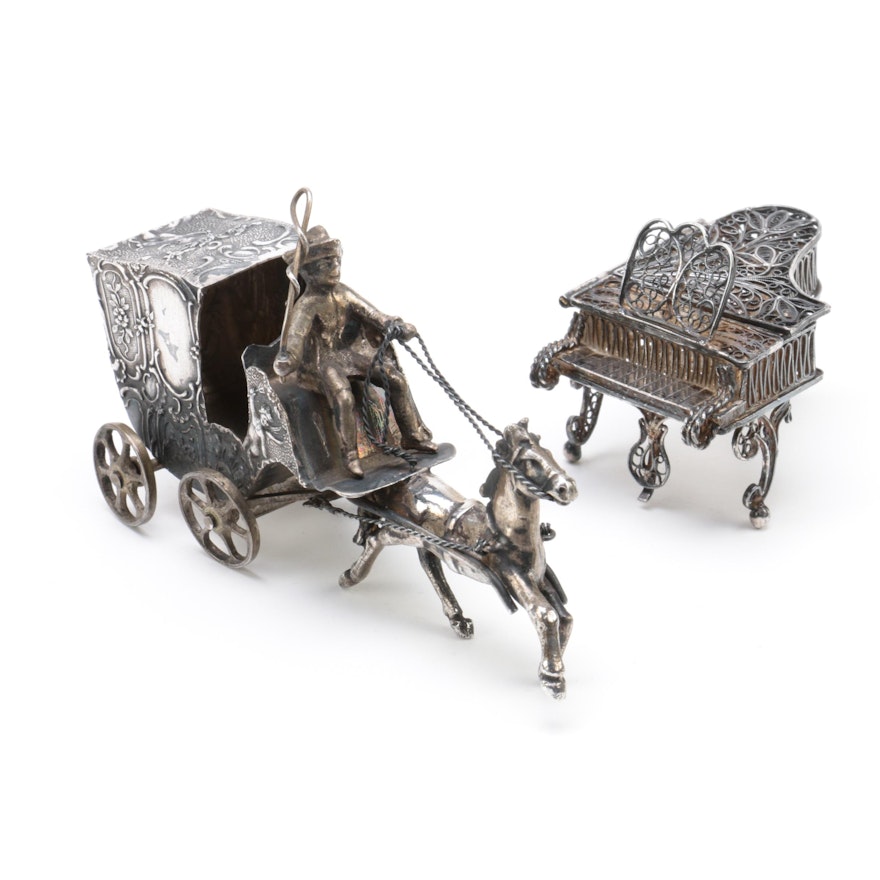 800 Silver Miniature Carriage and Filigree Piano Figurines