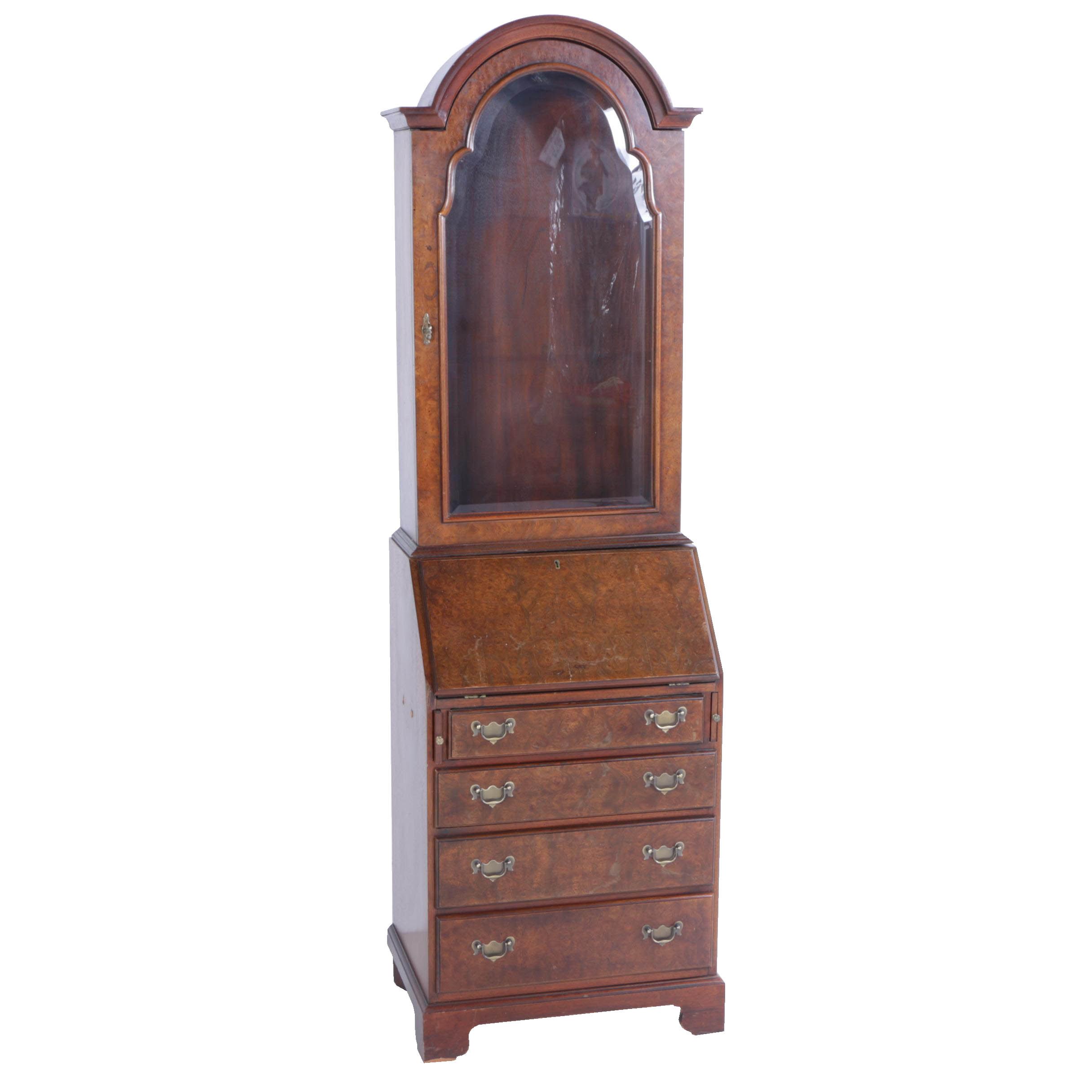 Vintage Chippendale Style Two Piece Poplar Burl and Walnut Secretary