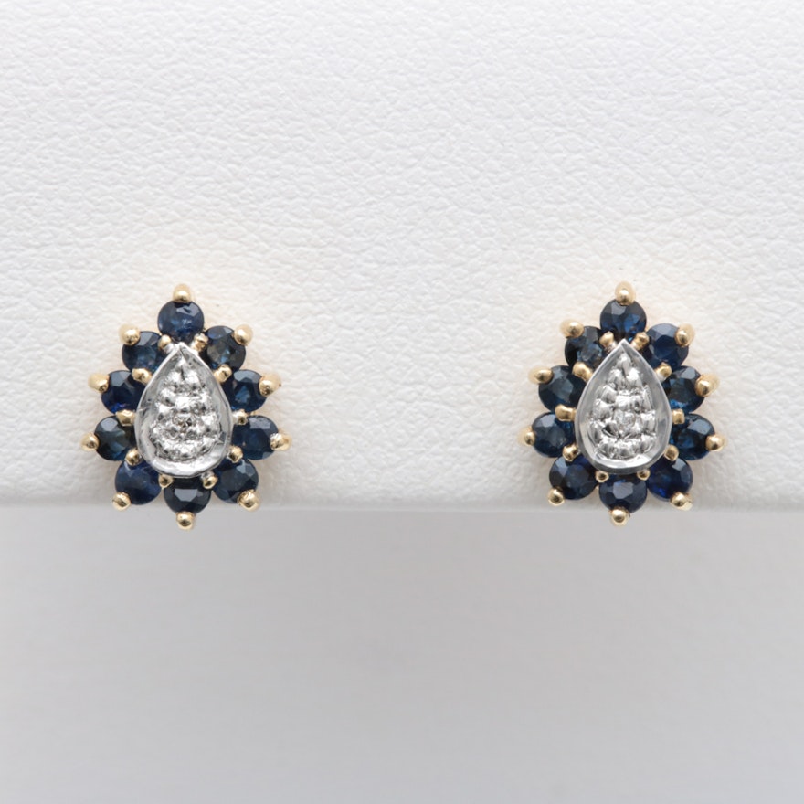 10K Yellow Gold, Blue Sapphire and Diamond Earrings