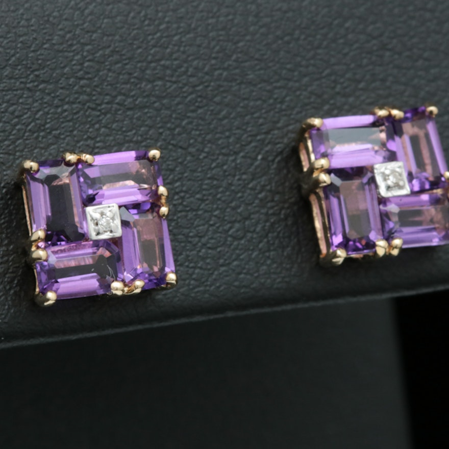 10K Yellow Gold, Amethyst and Diamond Earrings