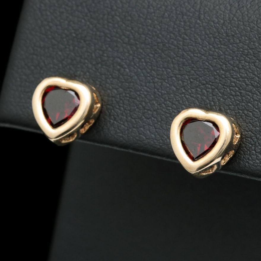 10K Yellow Gold and Garnet Heart Earrings